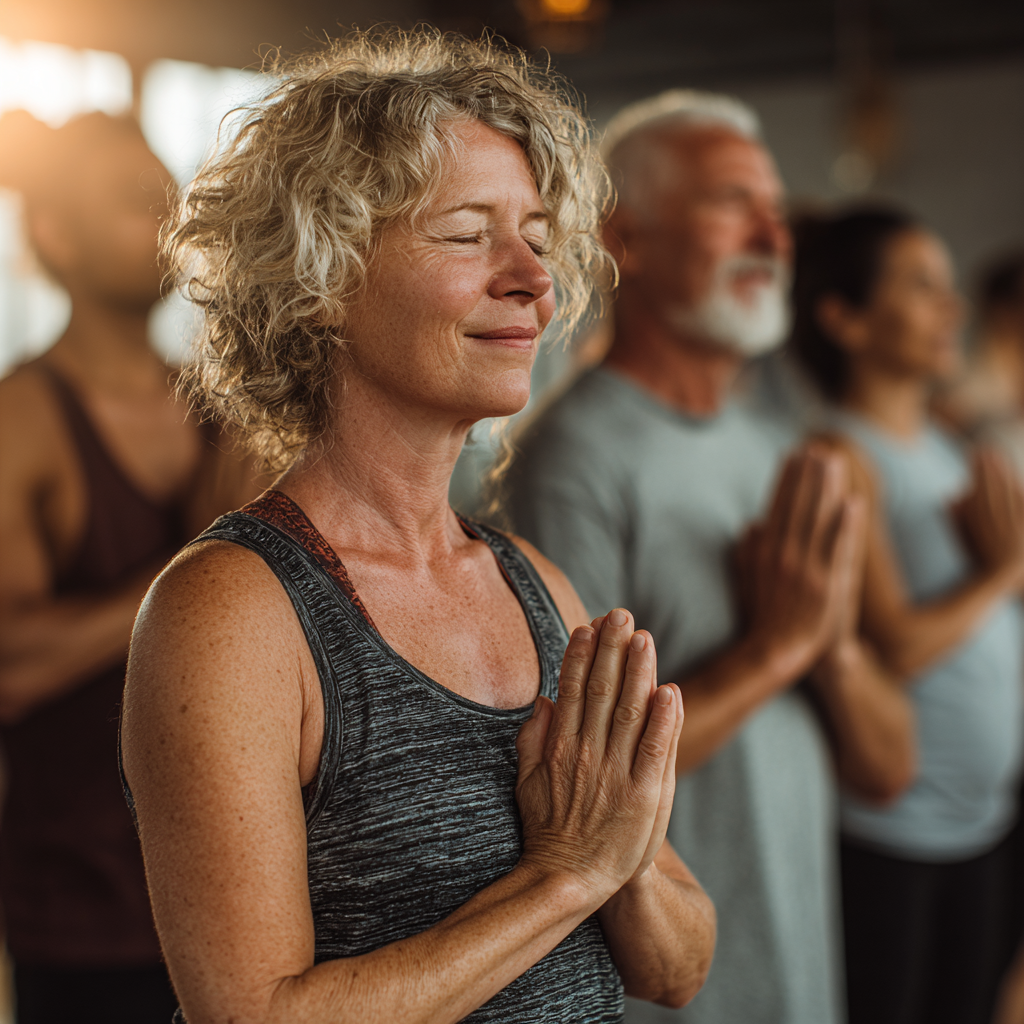 Group of adults in their 40s and 50s practicing yoga together in a peaceful studio setting, showing community and wellness