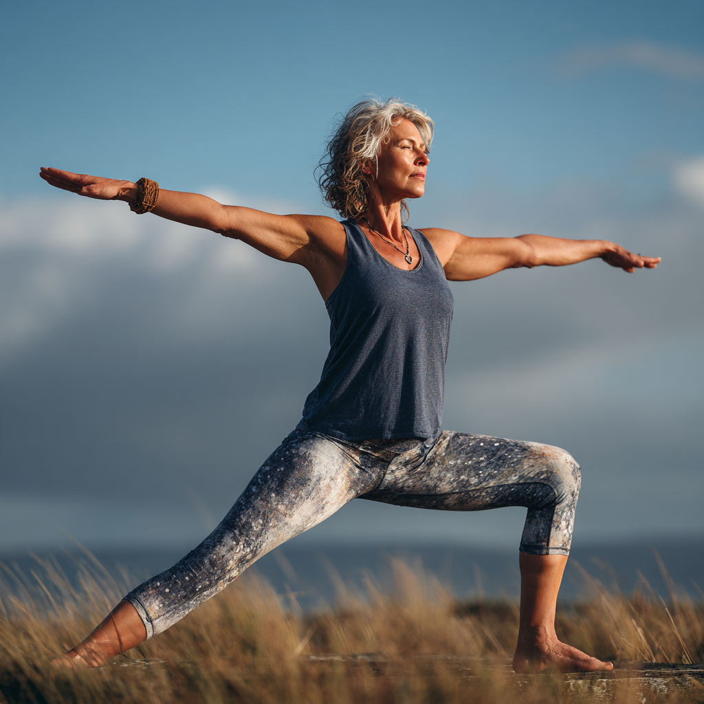 Mature woman in her 50s practicing yoga in warrior pose outdoors, demonstrating balance and strength with peaceful expression