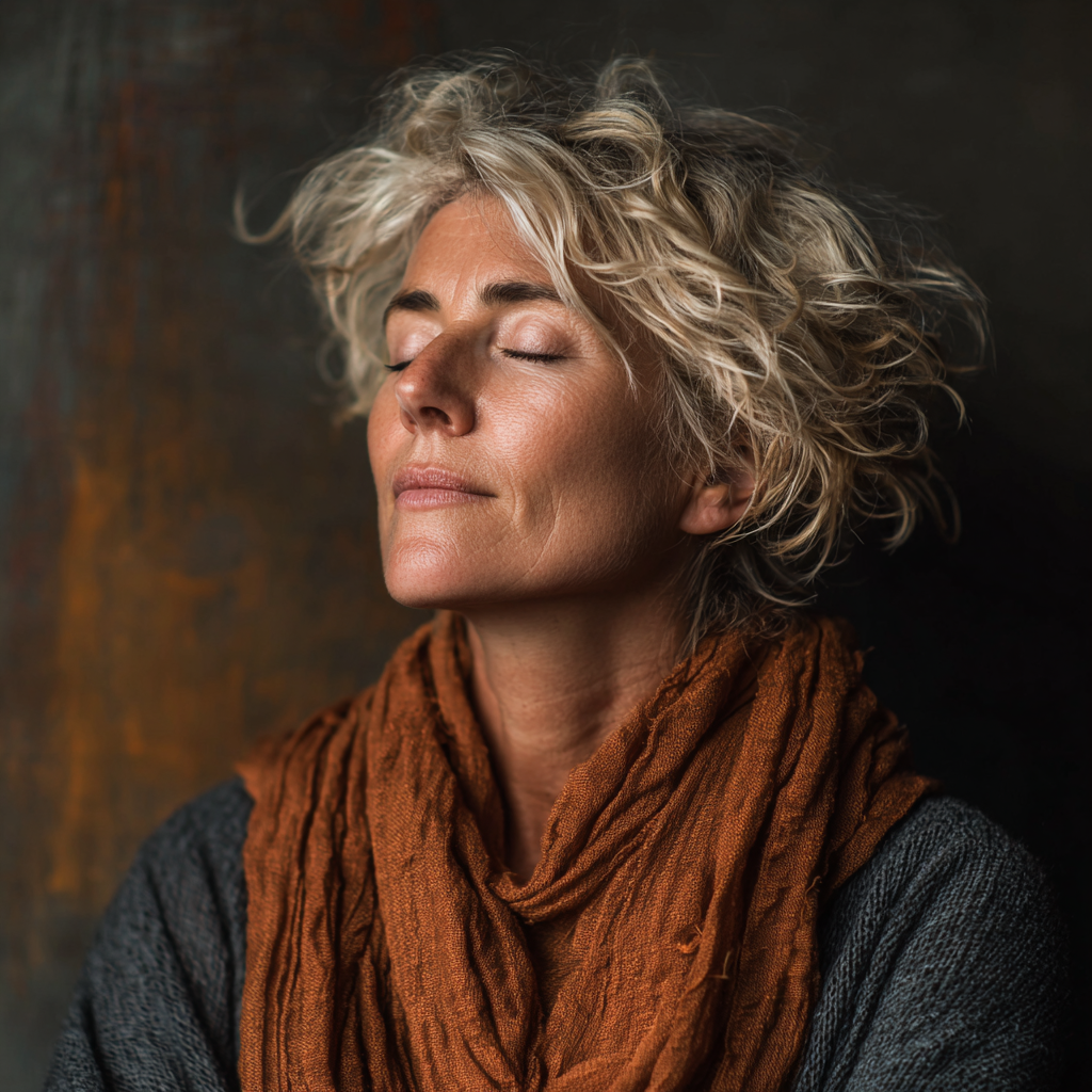 Peaceful middle-aged woman in her late 40s sitting in meditation pose with serene expression, embodying inner calm and mindfulness